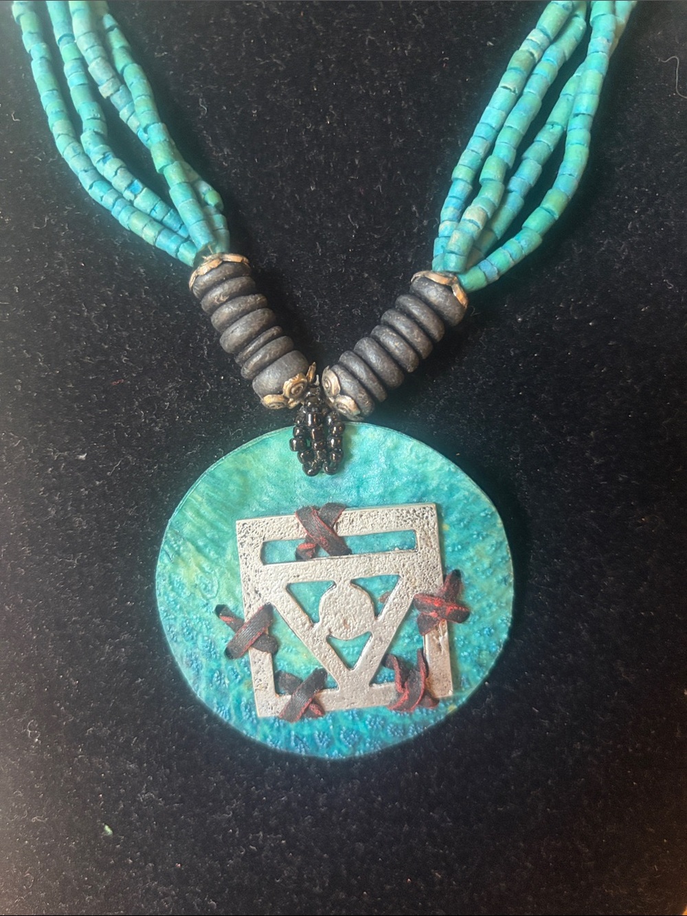 Handmade Turquoise Beaded Pendant Necklace - Artisan Blue Green Statement